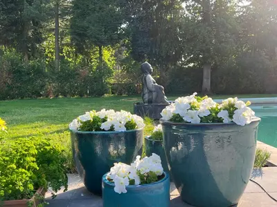 three large vases with flowers in front of a statue at Het Herenhuis in Genk
