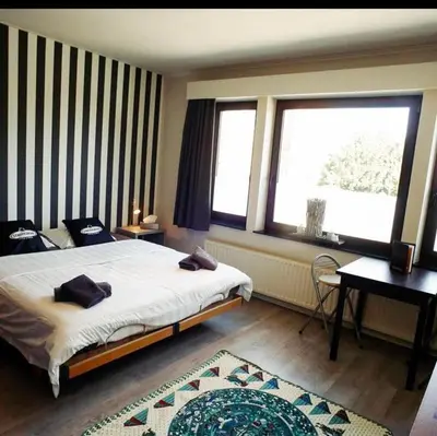 a bedroom with a bed and a desk and two windows at Homestay La Montagne des Coeurs in Eigenbilzen