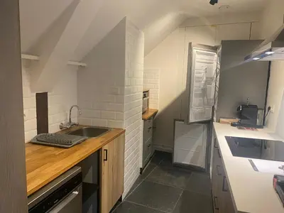 a small kitchen with a sink and a refrigerator at La Forteresse in Borgloon