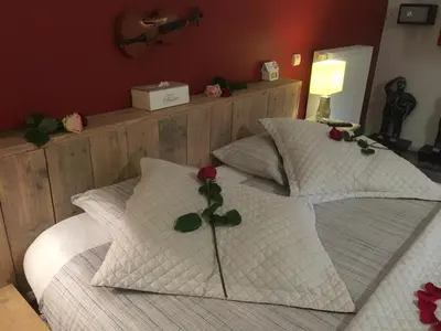a bed with two pillows with a flower on it at B&B AntiQua & Qook in Tongeren