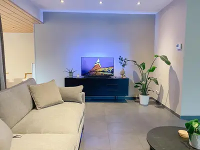 a living room with a couch and a flat screen tv at 8P 4B Beautiful Villa with swimming pool in Zonhoven in Genk