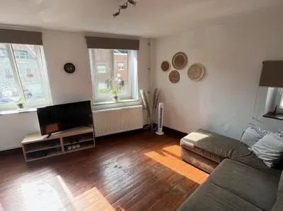 a living room with a couch and a flat screen tv at Charmante petite maison à Olne in Olne