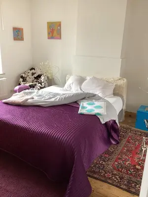a bed with a purple blanket and pillows on it at Au 81 in Liège