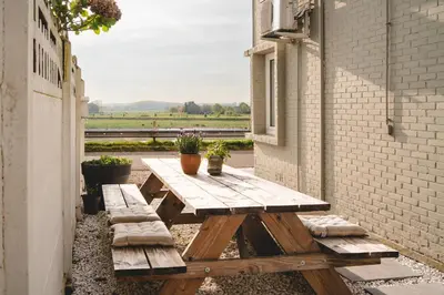 a wooden picnic table with two potted plants on a patio at Maas Suites - The River House with private sauna in Lanaken