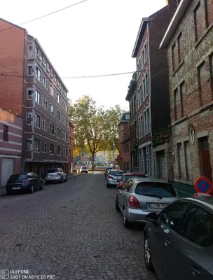 a street with cars parked on the side of the road at Logment Outremeuse 1D in Liège