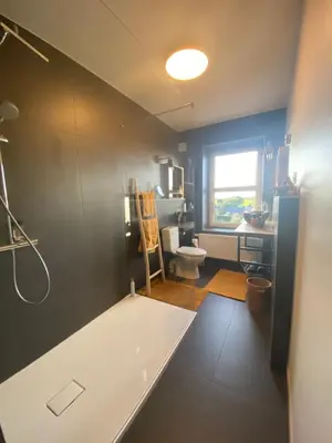 a bathroom with a shower and a toilet and a sink at Au saut du Train in Remicourt