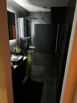 a black bathroom with a sink and a shower at Suite Marie in Verviers