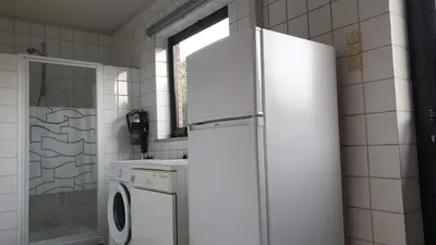 a white refrigerator in a bathroom with a washing machine at Brelaarheide in Houthalen-Helchteren