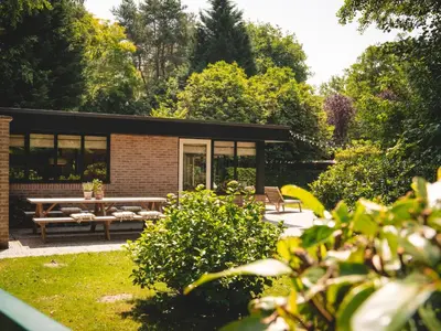 a house with a picnic table and benches in a yard at Boshuisje Rekem - Alma with private sauna in Lanaken