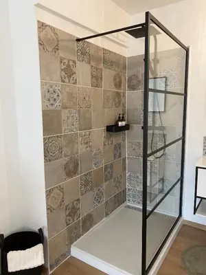 a shower with a glass door in a room at Cosy Alba plein centre Visé in Visé