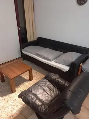 a couch and a coffee table in a living room at Ap22 Nature Ardennes Economy class apartment in La Calamine
