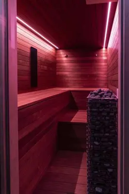 a sauna with wooden walls and a purple light at SuiteDreams - Bali Suite Liège in Liège
