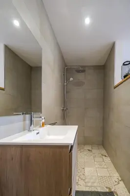 a bathroom with a sink and a shower at Gîte La Vieille Ferme Chaudfontaine et son jacuzzi in Chaudfontaine
