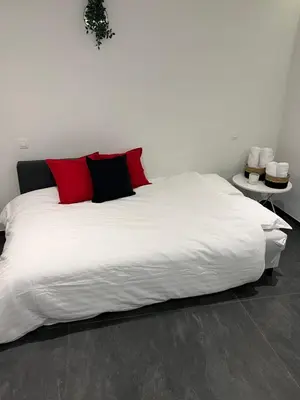 a large white bed with red pillows in a room at LCforyou in Juprelle