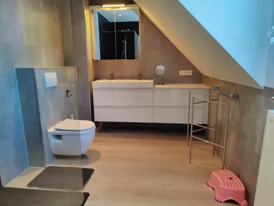 a bathroom with a sink toilet and a mirror at Sluizen aan de Jeker in Tongeren