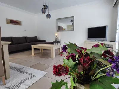 a living room with a couch and a tv and flowers at Sluizen aan de Jeker in Tongeren