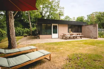 a house with a picnic table and a picnic bench at Boshuisje Rekem - Silas in Lanaken