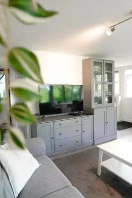 a living room with a couch and a flat screen tv at Boshuisje De Eekhoorn in Lanaken