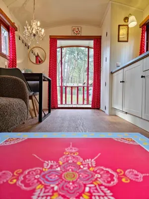 a living room with a red rug on the floor at pipowagen met prive Hot tub in Lanaken