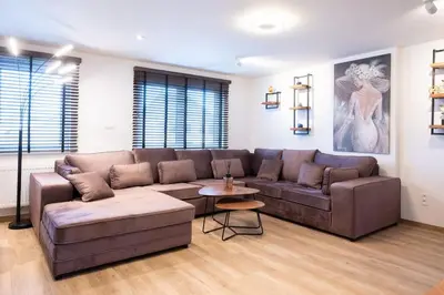 a living room with a brown couch and a table at Stijlvol appartement met jacuzzi & sauna in Herk-de-Stad