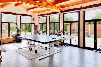a living room with a ping pong table at 8P 4B Authentic house with playroom and infrared sauna in Bilzen