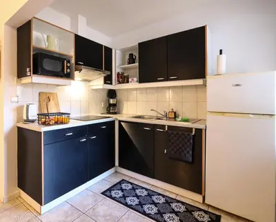 a kitchen with black cabinets and a white refrigerator at Millenniumhoeve (Lieke) in Riemst