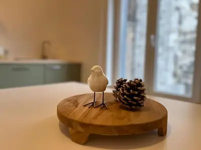 a bird sitting on a wooden table with two pine cones at Duplex chic et spacieux - Hypercentre in Liège