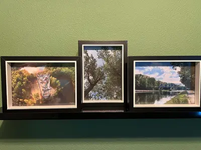 three pictures in frames on a shelf against a wall at Garden Street Lommel - The Green Haven in Lommel