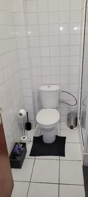 a bathroom with a toilet in a white tiled room at Au coeur du théâtre in Verviers