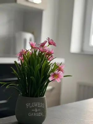a flower vase with flowers and garden written on it at Maison d’Ans in Ans