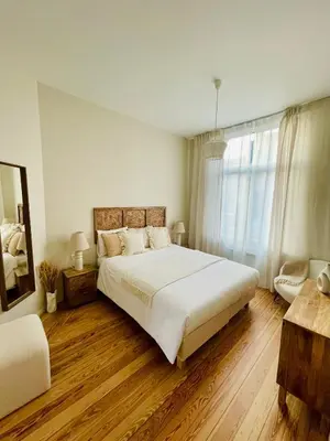 a bedroom with a large bed and a large window at Chaleureux petit appartement in Liège