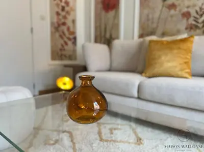 a vase sitting on a glass table in a living room at L'haussmanien romantique - HEC, Jardin botanique in Liège