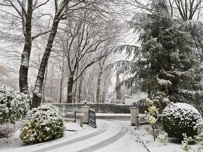 a park covered in snow with benches and trees at Villa kleinwellness in Lanaken