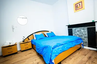 a bedroom with a bed with blue sheets and a fireplace at Chambre R1 avec salle de bain privée in Liège