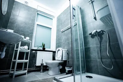 a bathroom with a shower and a toilet and a sink at Chambre R1 avec salle de bain privée in Liège