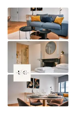 two pictures of a living room with a couch and a table at Urbanchic atmosphère 2D in Liège