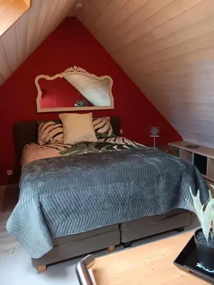 a bedroom with a large bed with a red wall at Au nid douillet in Trooz