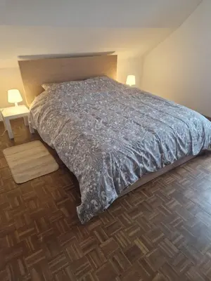 a bedroom with a bed and two lamps and a wooden floor at Appartement à la campagne in Juprelle