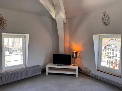 a living room with a tv and two windows at Charming Apartment in Liège City Centre with Parking Included in Liège