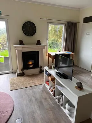 a living room with a tv and a fireplace at B&B Bombon in Herk-de-Stad