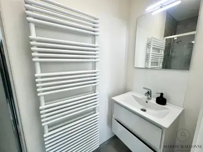 a white bathroom with a sink and a mirror at Le studio des Guillemins - Boverie, Gare in Liège