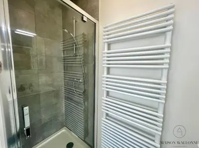 a bathroom with a shower and a glass door at Le studio des Guillemins - Boverie, Gare in Liège