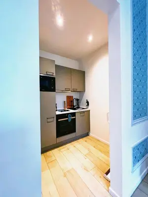 a kitchen with stainless steel appliances and a wooden floor at Urbanchic Adalbert 1A in Liège