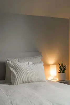 a bed with a white pillow and a lamp at Vakantie aan de Maas - Vakantiewoning Leenhof in Kinrooi