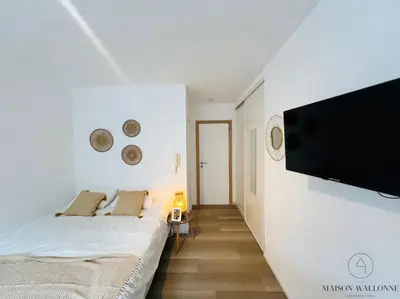 a bedroom with a bed and a flat screen tv at Le Wallon - Cointe Guillemins Botanique in Liège