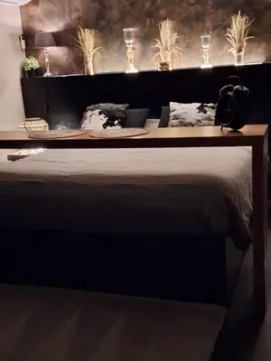 a bedroom with a large bed with lights on it at Maison Beau in Zonhoven