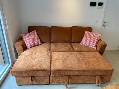 a brown couch with two red pillows on it at Residence pascalino in Ans