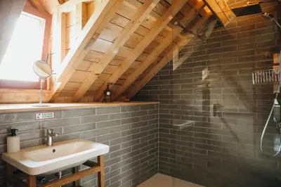a bathroom with a sink and a shower at La Petite Maison dans la Prairie in Pepinster