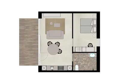 a floor plan of a house with a dog at Suite - 2 personen - Woodz Lodges in Heusden - Zolder