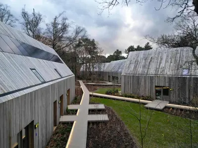 a group of barns with a pathway between them at Lodge - 6 personen - Woodz Lodges in Heusden - Zolder